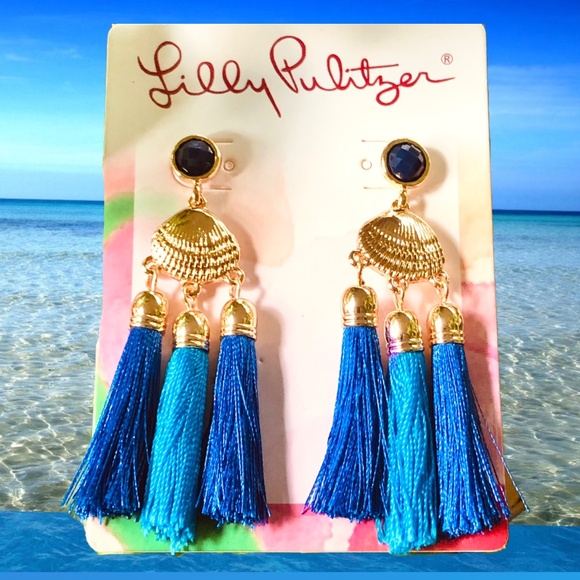 LILLY PULITZER EARRINGS NWT SEASIDE TASSEL ⭐️Capri Blue/Gold SHELLS-PIERCED-POST - Picture 3 of 9